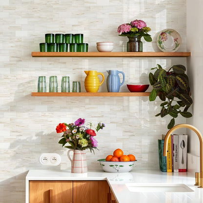 STICKGOO 10-Sheet Subway Tile Peel and Stick Backsplash, Seamless Design Polished Eurasia Beige Kitchen Backsplash Wall Tiles, Glossy Surface Waterproof Stick on Tile for Bathroom, RV, Fireplace