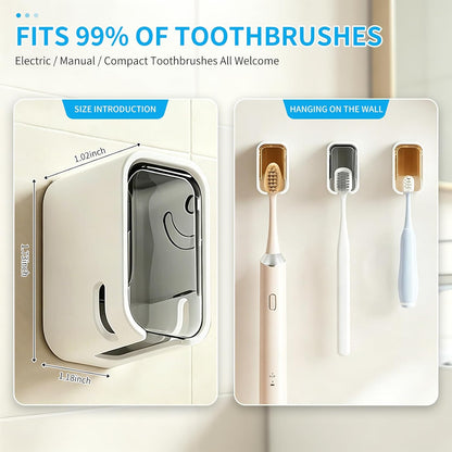 Toothbrush Holders for Bathroom 2 Pack, Drill-Free Wall Mount Single Slot with Dustproof Cover, Easy-Clean Organizer for Shower, Apartment & Travel (Gray & Brown)
