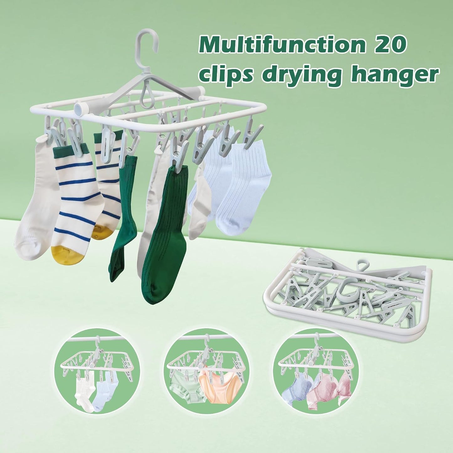 Plastic PP Drying Hanger, Anti-Rusty Drying Rack for Clothes, Socks, Lingeries, Delicates, Drying Hanger with 32 Clips for Baby Clothes, Towels