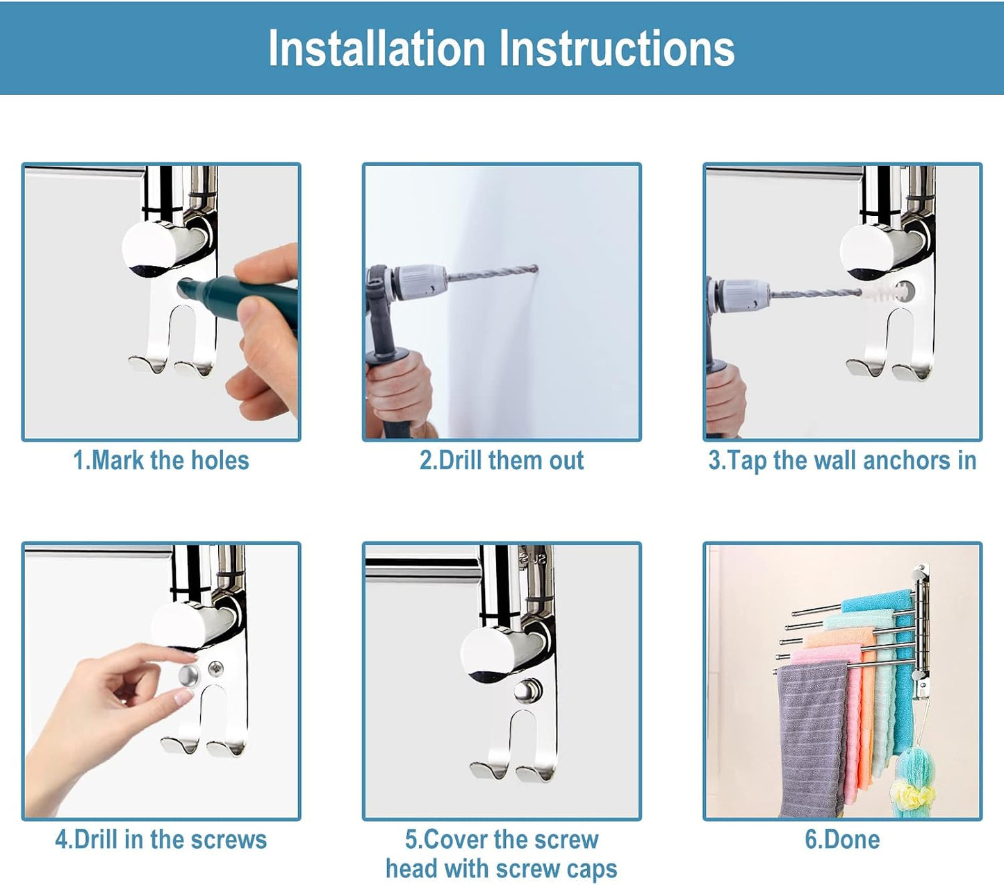 5-Arm Swivel Towel Rack - 180° Rotating Wall Mounted, 304 Stainless Steel Rustproof, Heavy Duty Bathroom Accessories, Space Saving Towel Organizer for Bathroom Kitchen Laundry - Pearl White