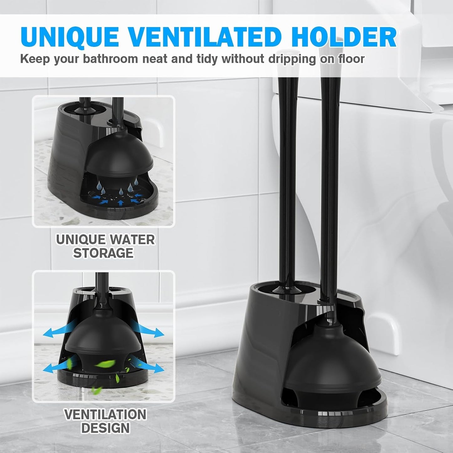 Toilet Plunger and Brush Set, Bowl Brush and Heavy Duty Toilet Plunger with Ventilated Holder, 2-in-1 Toilet Brush and Plunger Combo for 5.3-inch Toilet Drain Bathroom Deeply Cleaning(White & Grey)