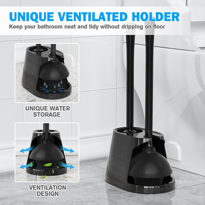 Toilet Plunger and Brush Set, Bowl Brush and Heavy Duty Toilet Plunger with Ventilated Holder, 2-in-1 Toilet Brush and Plunger Combo for 5.3-inch Toilet Drain Bathroom Deeply Cleaning(White & Grey)