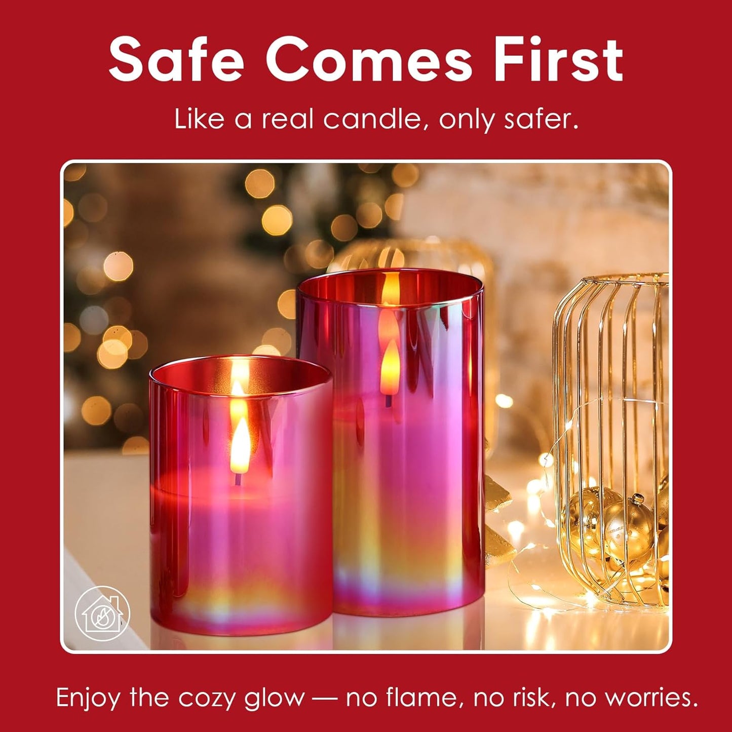 Eywamage Gold Glass Flameless Pillar Candles with Remote, Flickering Christmas LED Candles Battery Operated Set of 3