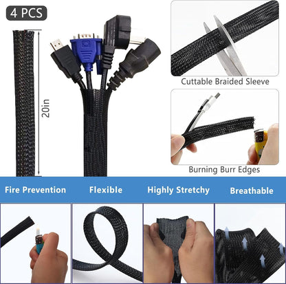 ELII 300PCS Cable Management Kit,4 Cable Sleeve 35 Cable Clips | 11Cord Holders,20 Roll Cable Organizer Straps, 200 Fastening Cable Ties,20 Cable Zip Tie Mounts for Computer TV Under Desk