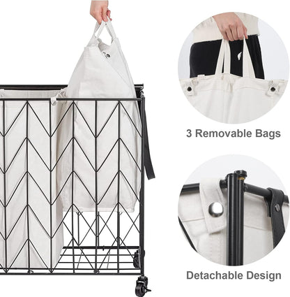 WOWLIVE Laundry Basket with Wheels, 142L Laundry Hamper 3 Section with Lid, Dirty Clothes Hamper with Removable Bags, Large Capacity Iron-Made Laundry Basket Organizer Laundry Sorter for Dorm, White
