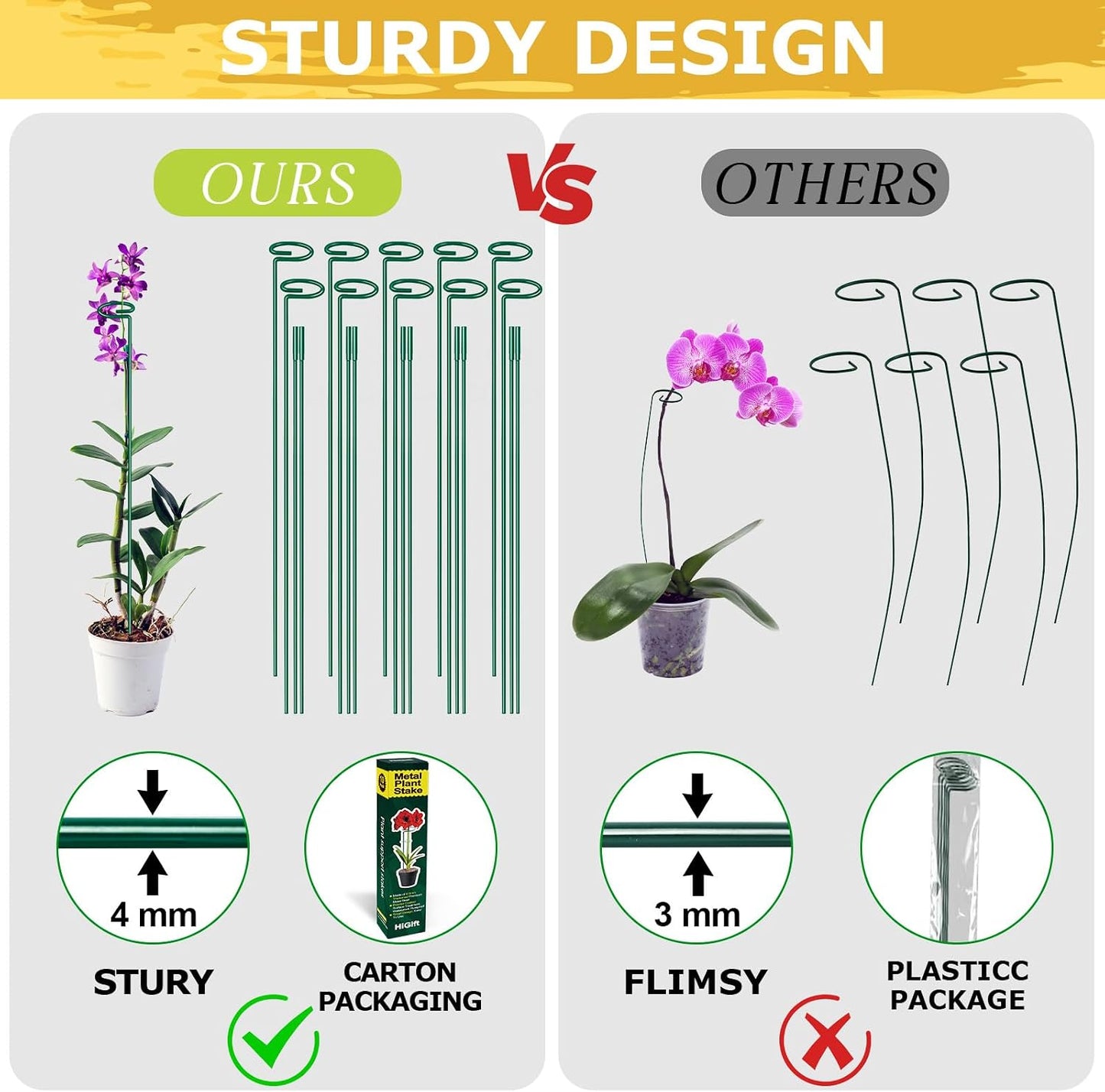 HiGift 17 inch Plant Support Stakes, 4mm Thick Garden Single Stem Flower Support Stake Amaryllis Plant Cage Support Rings with 10 pcs Plant Clips for Tomato Orchid Lily Peony Rose Flower Stem-5 Pack