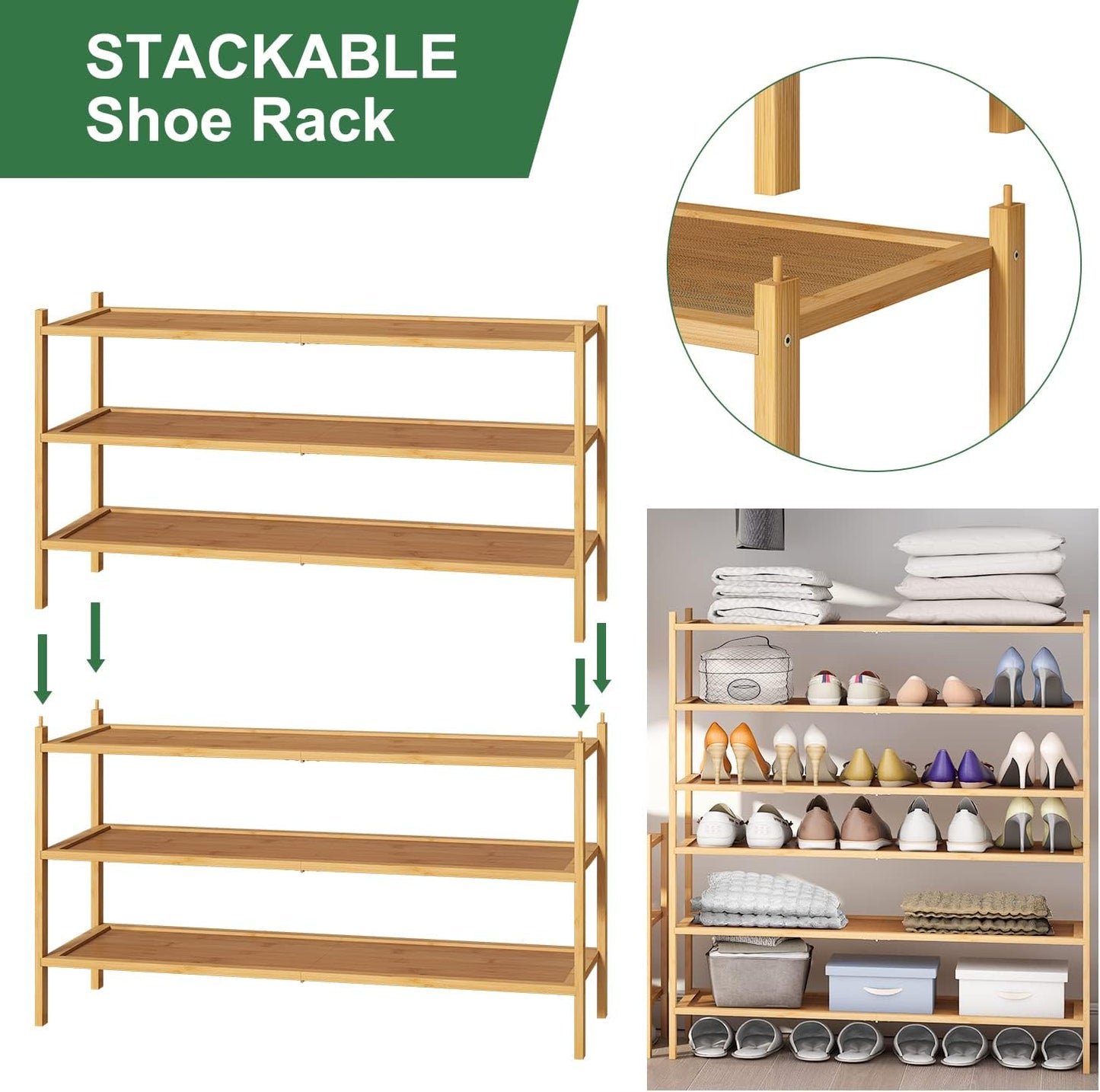 kiplant Small Shoe Rack, 4-Tier Bamboo Wood Shoe Rack for Entryway, Stackable Shoe Organizer for Hallway Closet, Free Standing Shoe Racks for Indoor & Outdoor