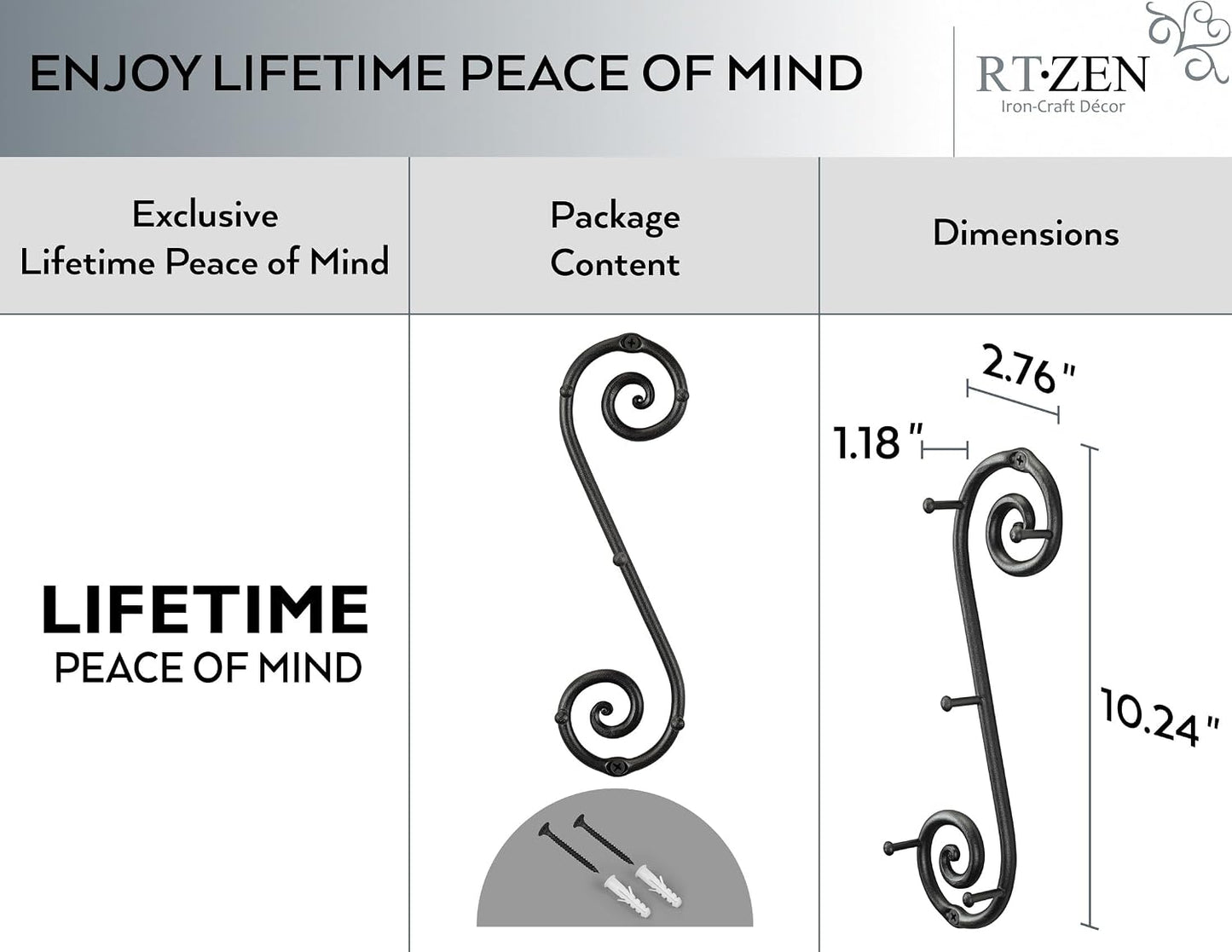 RTZEN Farmhouse Small Key Holder for Wall - Handcrafted Swirl Decorative 5 Key Hooks for Home Entryway - Wrought Iron Wall Mount Rack Purse Coat and Leash Holder or Organizer (Classic Black)
