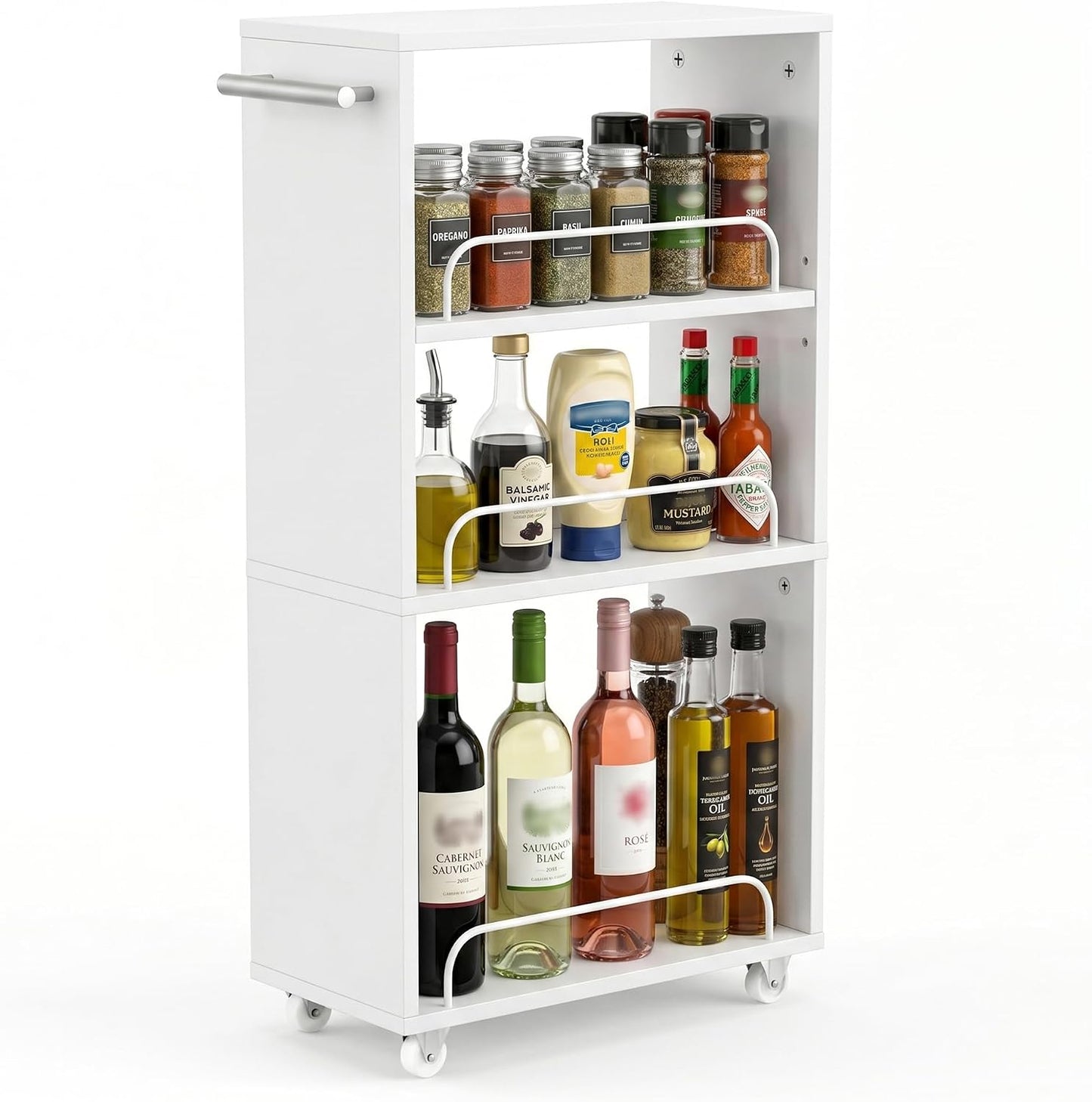 Slim Rolling Storage Cart,4 Tier White Rolling Utility Cart Slide Out Rack | Narrow Spice Rack Organizer Trolley for Kitchen Bathroom Larundry Small Corner 7.7inch wide
