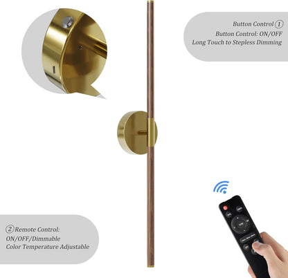 24 Inch Battery Operated Wall Sconce Set of 2, Dimmable Battery Sconces with Remote Control, 8000 mAh Rechargeable Sconces, 350° Rotate Modern LED Lights for Bedroom, Living Room, Black Gold