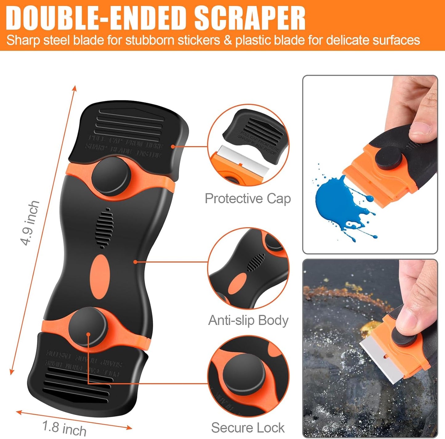 NECAMOCU 4 Pack Razor Blade Scraper, Includes 50 PCS Metal & Plastic Blades | Premium Razor Scraper Tool for Glass, Window, Cooktop, Countertop Cleaning & Sticker, Decal, Paint Removal (Orange)