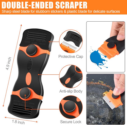 NECAMOCU 4 Pack Razor Blade Scraper, Includes 50 PCS Metal & Plastic Blades | Premium Razor Scraper Tool for Glass, Window, Cooktop, Countertop Cleaning & Sticker, Decal, Paint Removal (Orange)