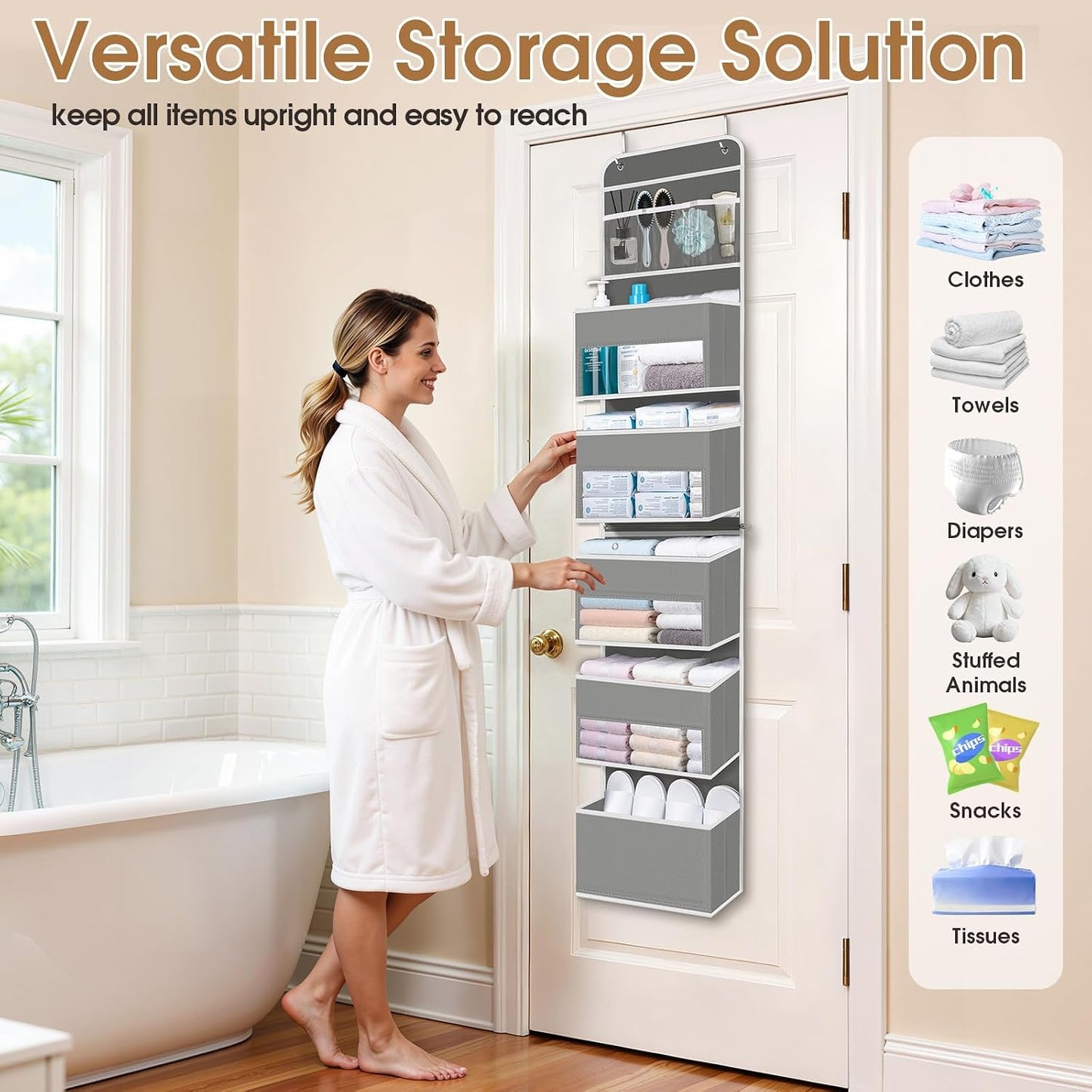 WISELIFE Over The Door Organizer Storage with 4 Large Pockets Door Hanging Organizer with Clear Windows behind The Door Storage for Nursery Bedroom Bathroom Pantry Closet and Baby Essentials Dark Grey