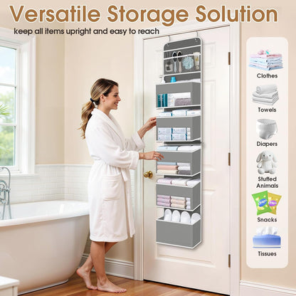WISELIFE Over The Door Organizer Storage with 4 Large Pockets Door Hanging Organizer with Clear Windows behind The Door Storage for Nursery Bedroom Bathroom Pantry Closet and Baby Essentials Dark Grey
