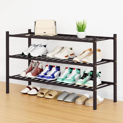 Smiry Bamboo Shoe Rack, 3 Tier Free Standing Wooden Shoe Organizer, Stackable Wood Shoe Storage Shelf for Closet, Entryway, 12 Vertical Slats, 2+1 Stack Standard Legs, 26.8"x11"x19.5", Natural