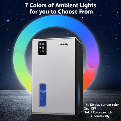 NineSky Dehumidifier, 1000 sq.ft Dehumidifiers for Home with 95oz Large Water Tank,Quiet Dehumidifier with 7-Color Ambient Light & Auto Shut Off, Dehumidifier for Basement, Bedroom, Bathroom (Grey)