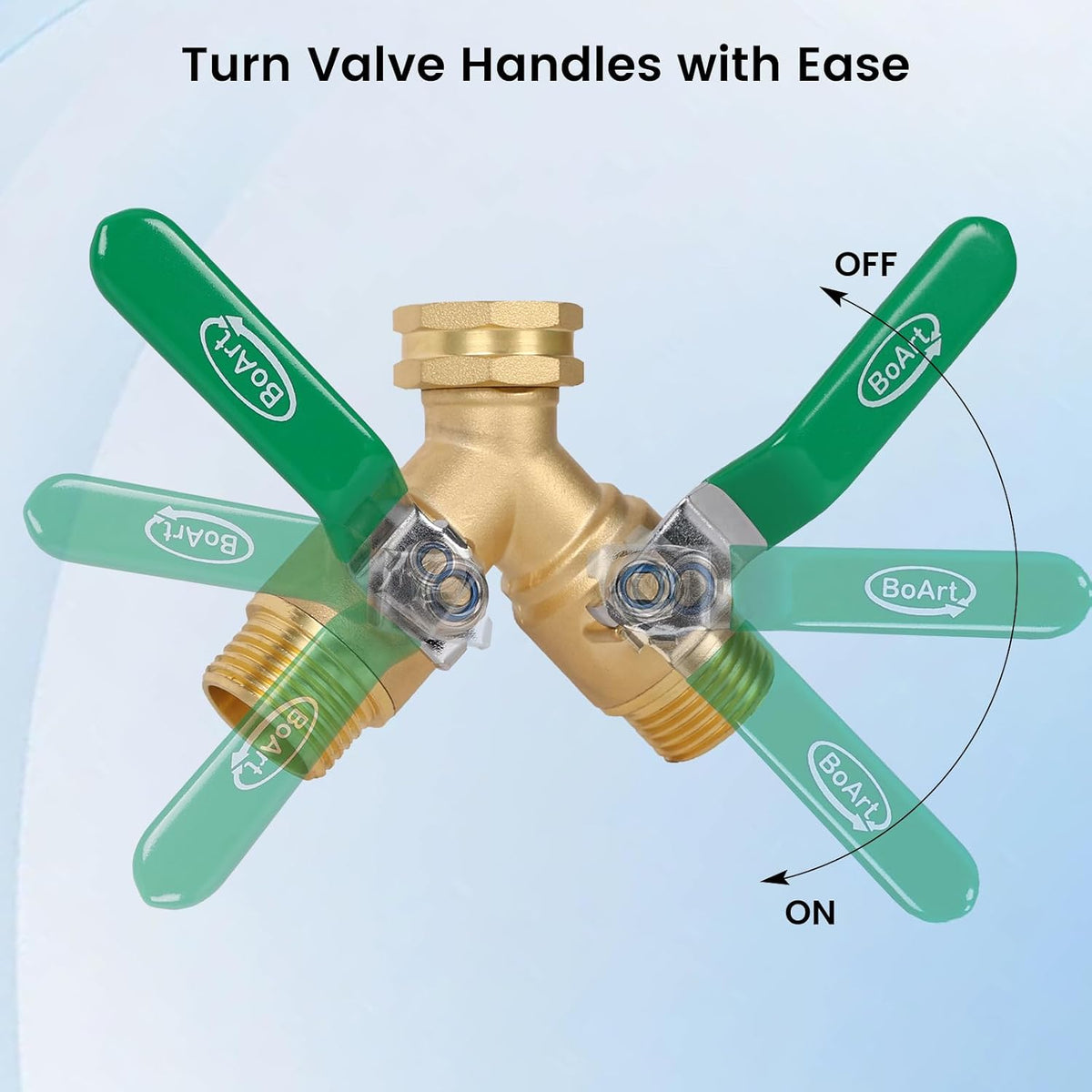 BoArt Brass Garden Hose Splitter 2 Way Heavy Duty, Y Valve Hose Splitter With Stainless Steel Long Handle, 3/4" GHT Thread Y Valve Water Garden Hose Tap Adapter