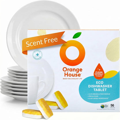 Orange House Plant Based Dishwasher Tabs 56 Count | 100% Food Grade Orange Oil, Deep Clean, Eco-Friendly, No Synthetic Fragrance, No Harmful Chemical, Paper Packaging