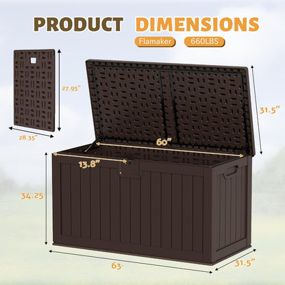 Flamaker Resin Deck Box 120 Gallon Waterproof Large Outdoor Indoor Storage Box Imitation Wood Resin for Patio Furniture Garden Tools and Pool (Black)