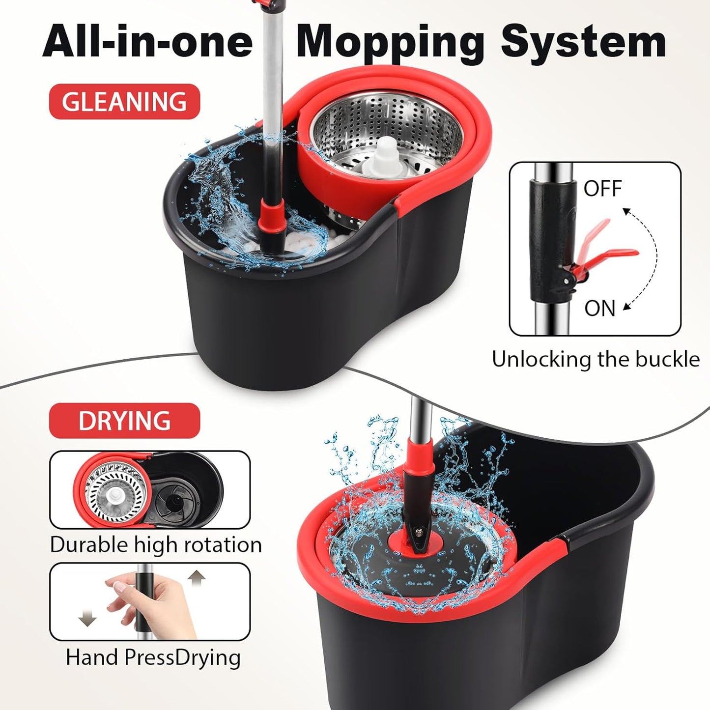Spin Mop and Bucket, Mop and Bucket with Wringer Set for Home, 360 Spinning Mop Bucket Floor Cleaning Tool with 3 Microfiber Mop Replacement Head Refills,50" Extended Handle for Floor Cleaning Home