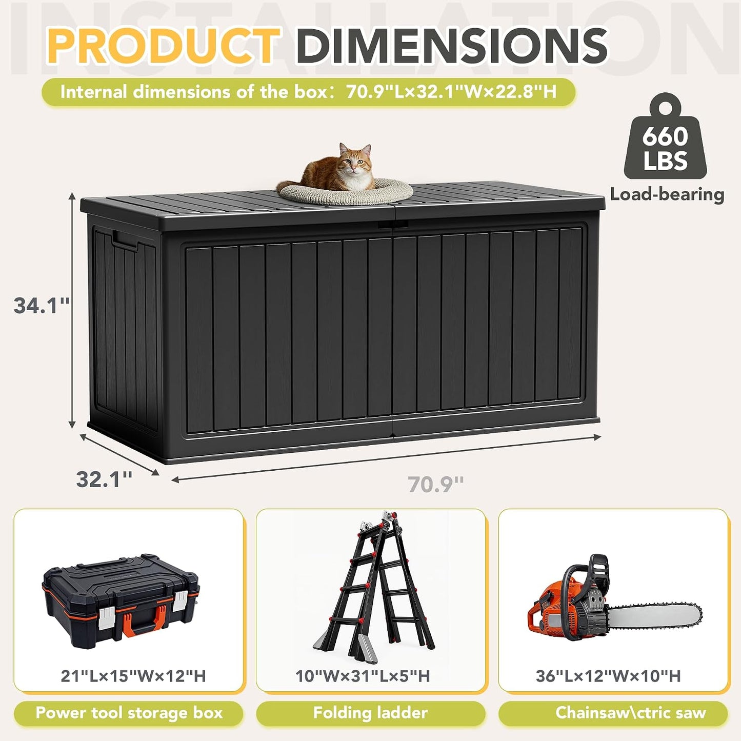 32 Gallon Deck Box Outdoor Indoor Waterproof Storage Box for Patio Furniture, Pool Accessories, Garden Tools, and Cushion Storage, Black