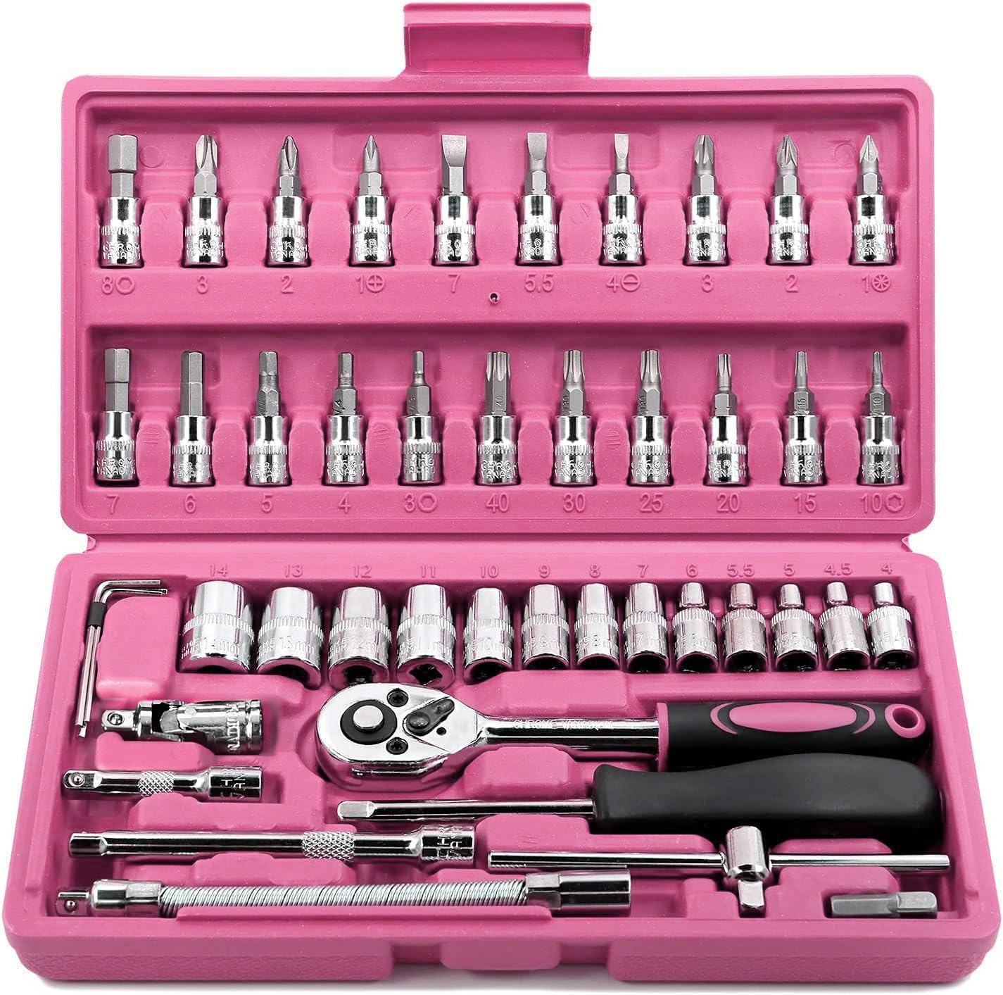 Egofine 46 Pieces 1/4 inch Drive Socket Ratchet Wrench Set, with Bit Socket Set Metric and Extension Bar for Auto Repairing and Household, with Storage Case