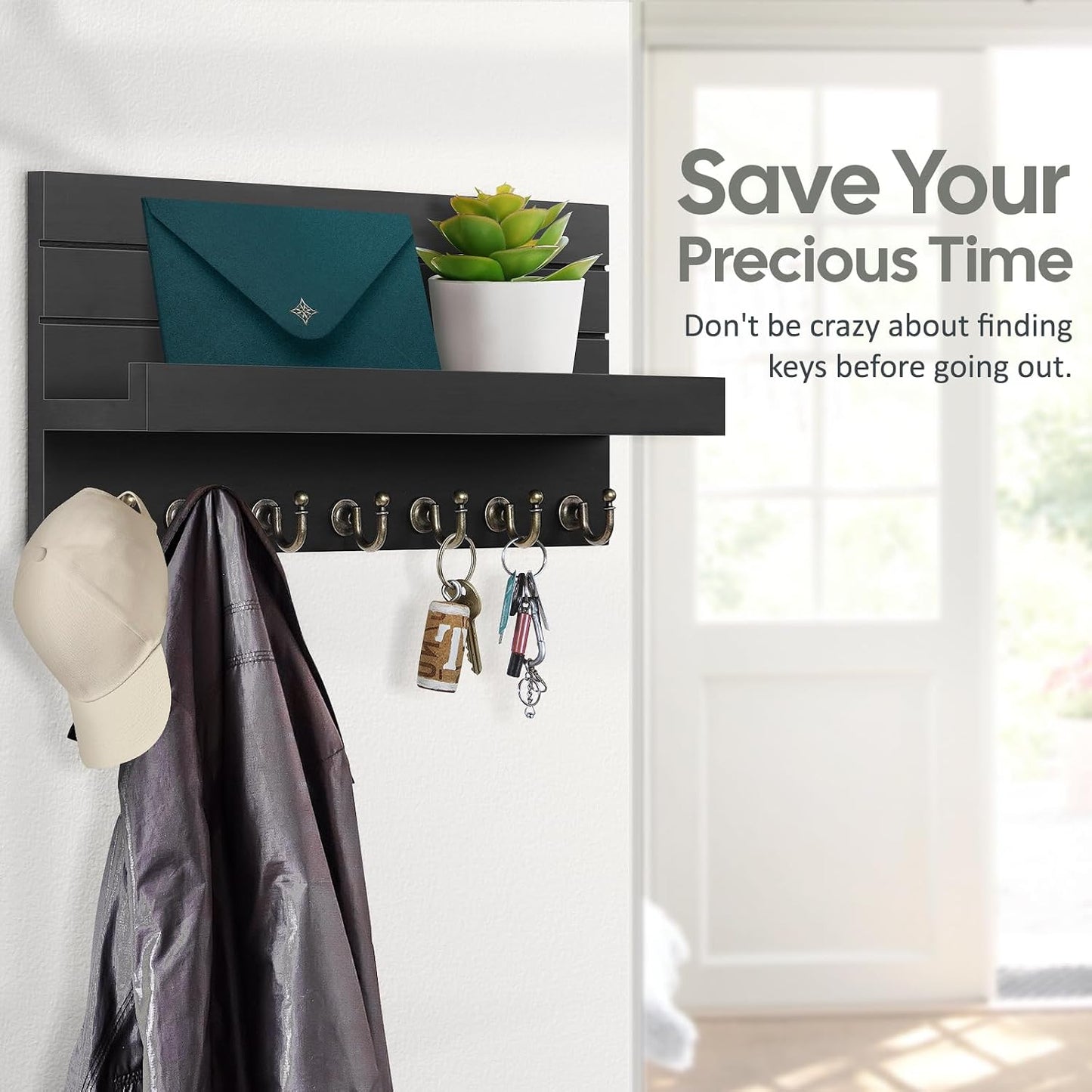 HONJIN Key Holder for Wall: Easy Installation Mail Organizer Wall Mount Hanging Key Rack for Kitchen and Entryway Decor with 5 Sturdy Key Hooks (White)