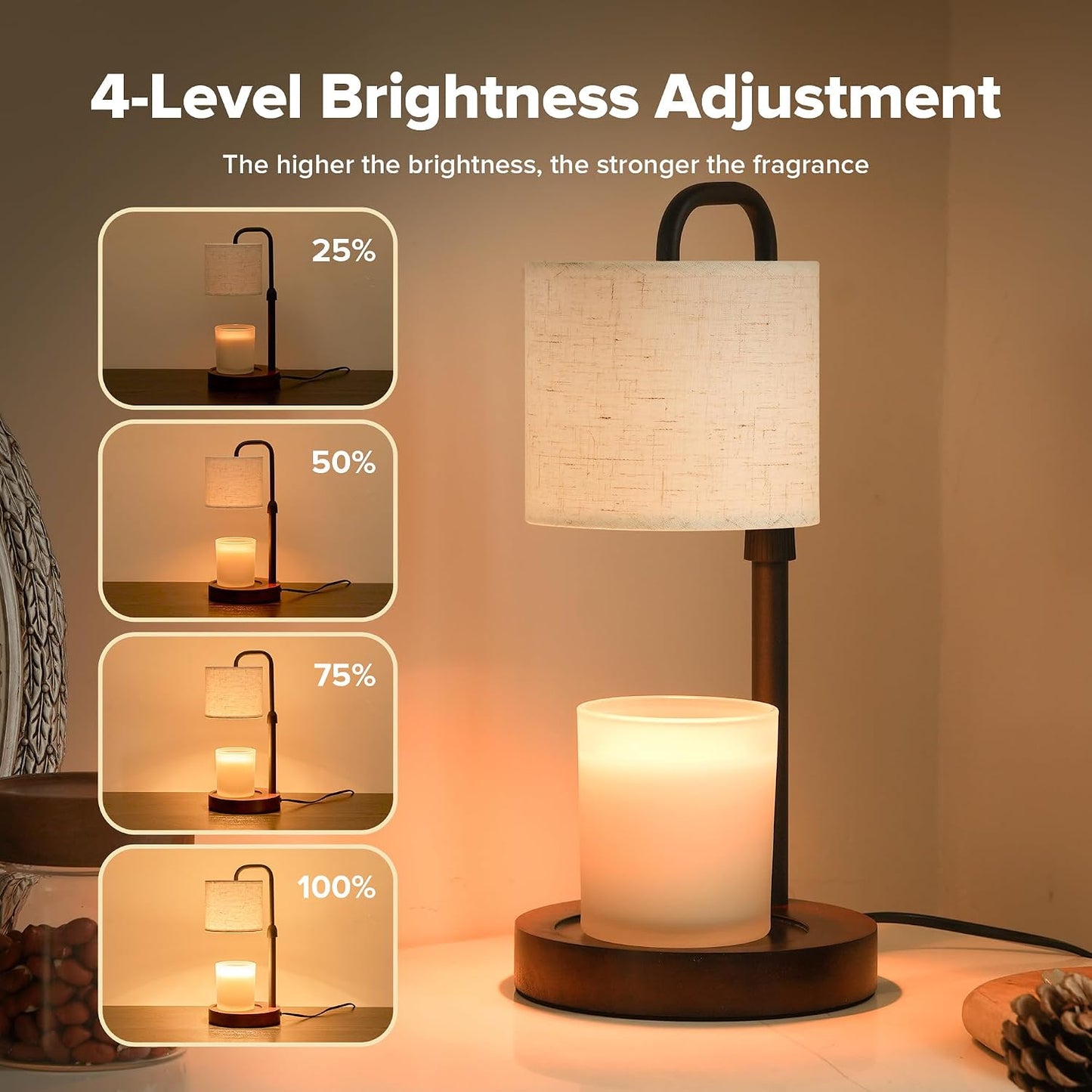 Candle Warmer Lamp with Timer, Dimmable Wax Warmer Candle Lamp for Jar Candle with 2 Bulbs, Christmas Birthday Gifts for Women Mom, Cozy Home Decor for Room, Bedroom, Kitchen-Pleated Fabric