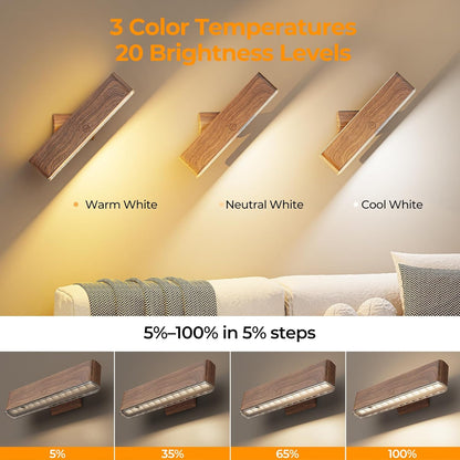 MOITA Magnetic Wireless Battery Operated Wall Sconce, Rechargeable Remote Control & Touch Control Wall Sconces Set of Two, 3-Color Temperatures LED Wall Lights, 360° Rotatable (Walnut, 2-Pack)