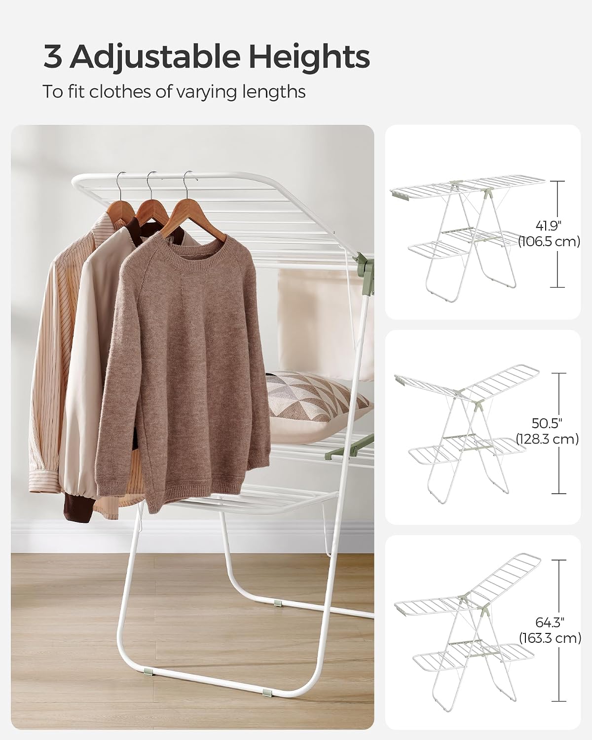 SONGMICS Clothes Drying Rack, Foldable 2-Level Laundry Drying Rack, Free-Standing Laundry Airer, with Height-Adjustable Wings, 33 Drying Rails, Sock Clips, Silver and Blue ULLR53BUV1