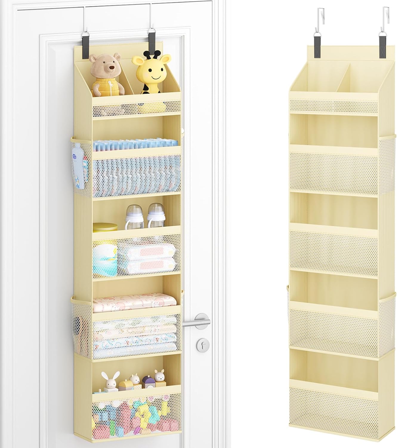 Lifewit 4 Tier Over the Door Diaper Organizer for Nursery, Large Heavy Duty Hanging Storage with 4 Mesh Side Pockets, Sturdy Back of Door Shelf for Baby Stuff Toy in Pantry, Laundry, Bathroom, Gray