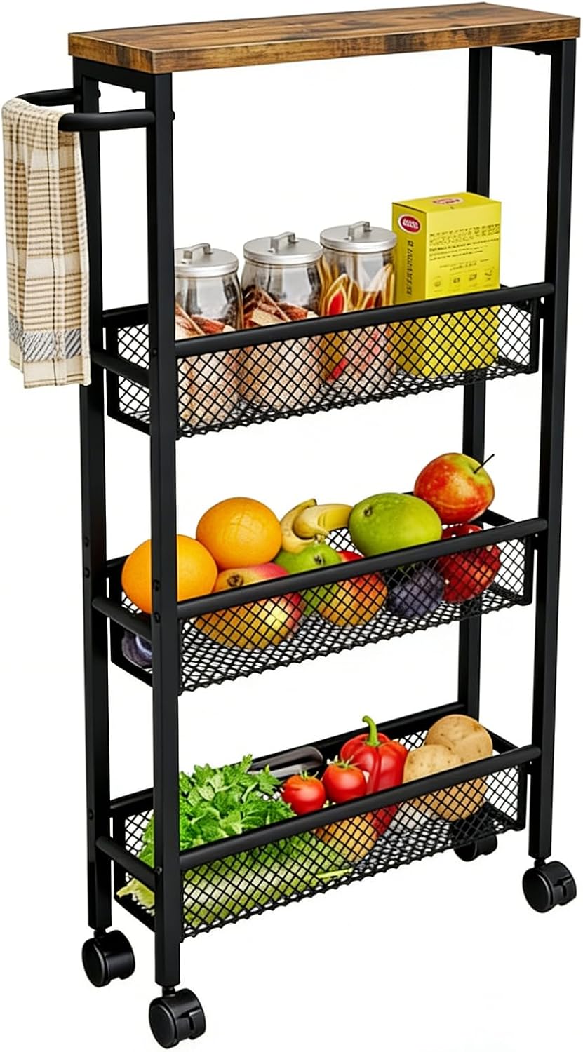 AZERPIAN Slim Rolling Cart 4 Tier Narrow Storage Cart on Wheels with MDF Board Top and Metal Handle for Small Space Kitchen Living Room Home Office Pantry Bathroom Laundry Room(16.54×5.12×30.31 inch)