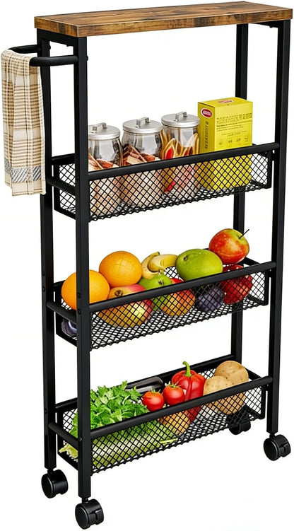 AZERPIAN Slim Rolling Cart 4 Tier Narrow Storage Cart on Wheels with MDF Board Top and Metal Handle for Small Space Kitchen Living Room Home Office Pantry Bathroom Laundry Room(16.54×5.12×30.31 inch)