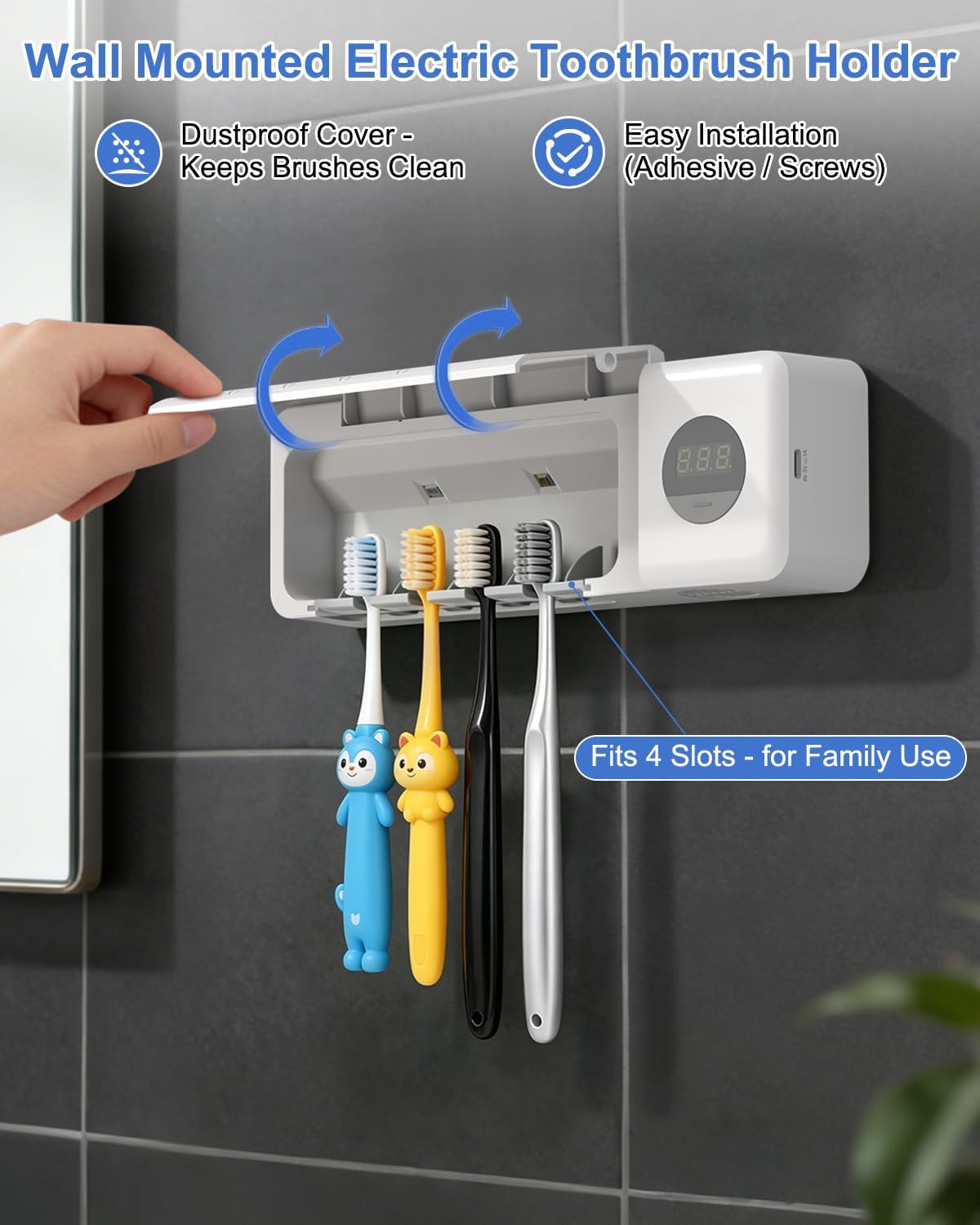 UV Toothbrush Sanitizer with Holder, Electric Toothbrush Holder Wall Mounted with Cover for 4 Slots, 2000mAh Rechargeable with Timer, Cordless Bathroom Organizer - White