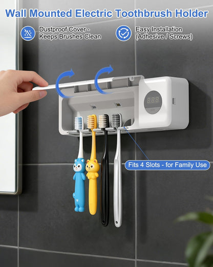 UV Toothbrush Sanitizer with Holder, Electric Toothbrush Holder Wall Mounted with Cover for 4 Slots, 2000mAh Rechargeable with Timer, Cordless Bathroom Organizer - White