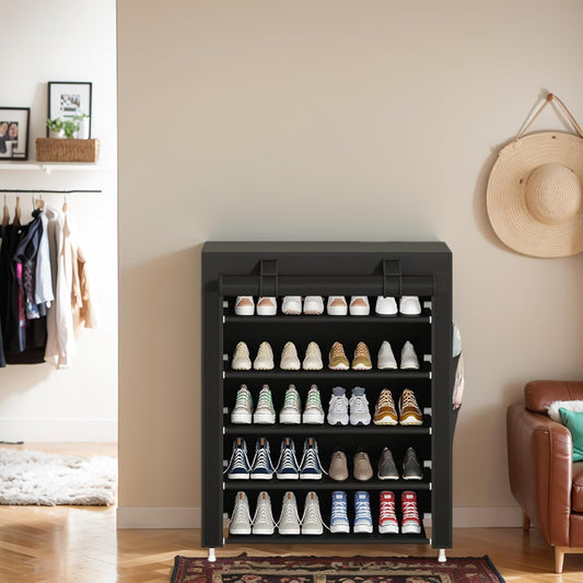 Laiensia 9-Tier Vertical Shoe Rack Organizer, Space Saving Shoe Storage Organizer, Non-Woven Cover Shoe Shelf Holds 36-45 Pairs for Bedroom, Hallway, Closet Entryway, Black