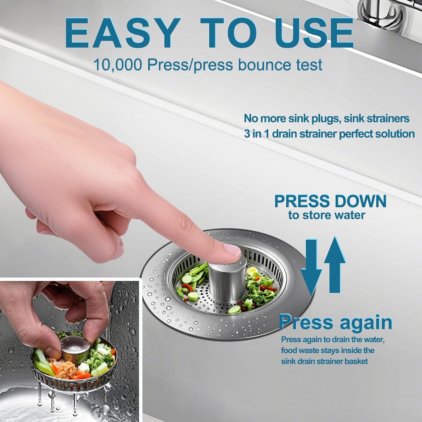Kitchen Sink Drain Strainer for 3-1/2 Inch Drain Hole, 3-in-1 304 Stainless Steel Pop-Up Sink Strainer and Stopper with Anti-Clog Filter Basket & Food Catcher (Silver, 1 Pack)