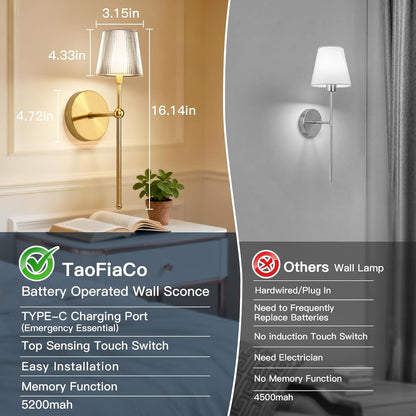 TaoFiaCo Battery Operated Wall Sconces Set of 2, Wireless Wall Sconce with Remote Dimmable Timer, Rechargeable 5200mAh, Cordless Wall Light for Bedroom Living Room, Hallway, Light Decor