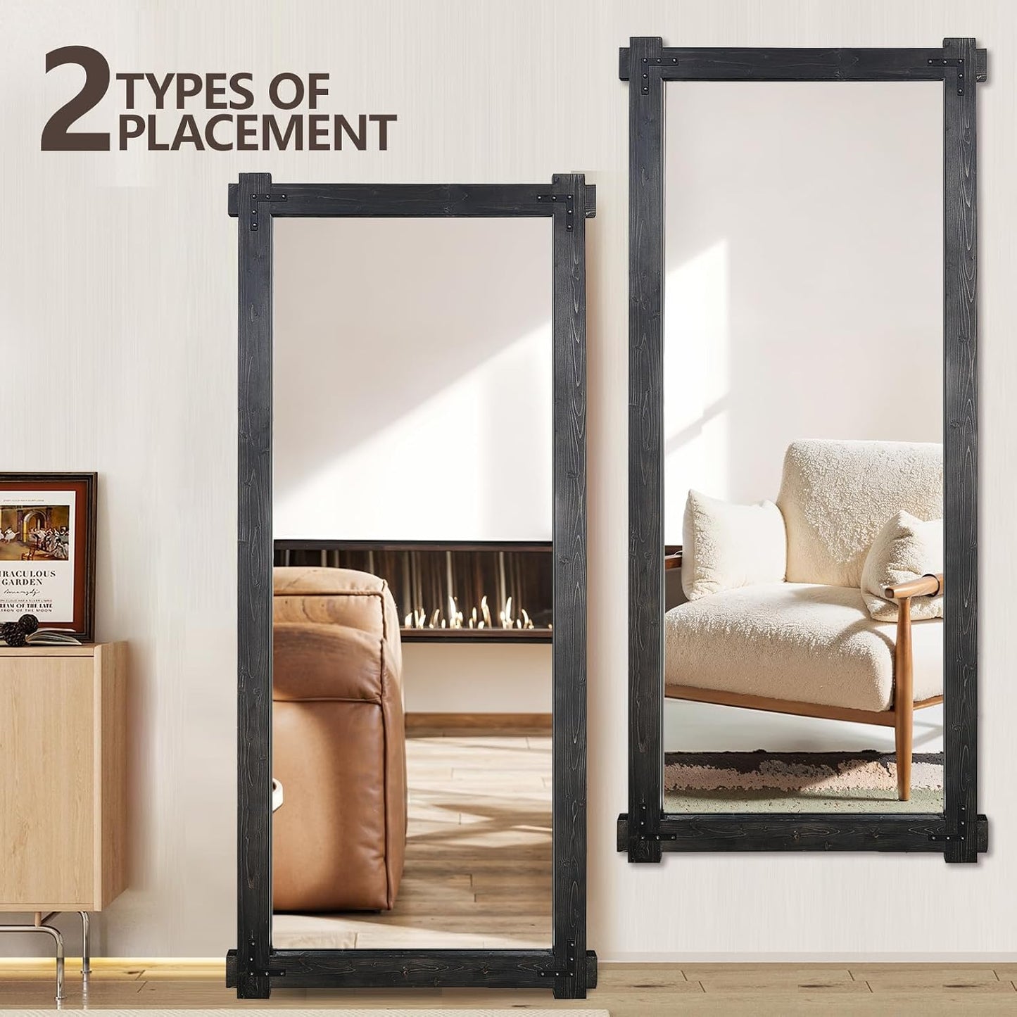 65x24 Inch Full Length Mirror, Pine Frame Full Body Standing Mirror with Metal Decorative, Black