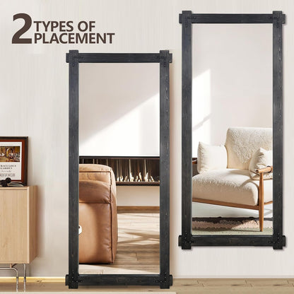 65x24 Inch Full Length Mirror, Pine Frame Full Body Standing Mirror with Metal Decorative, Black