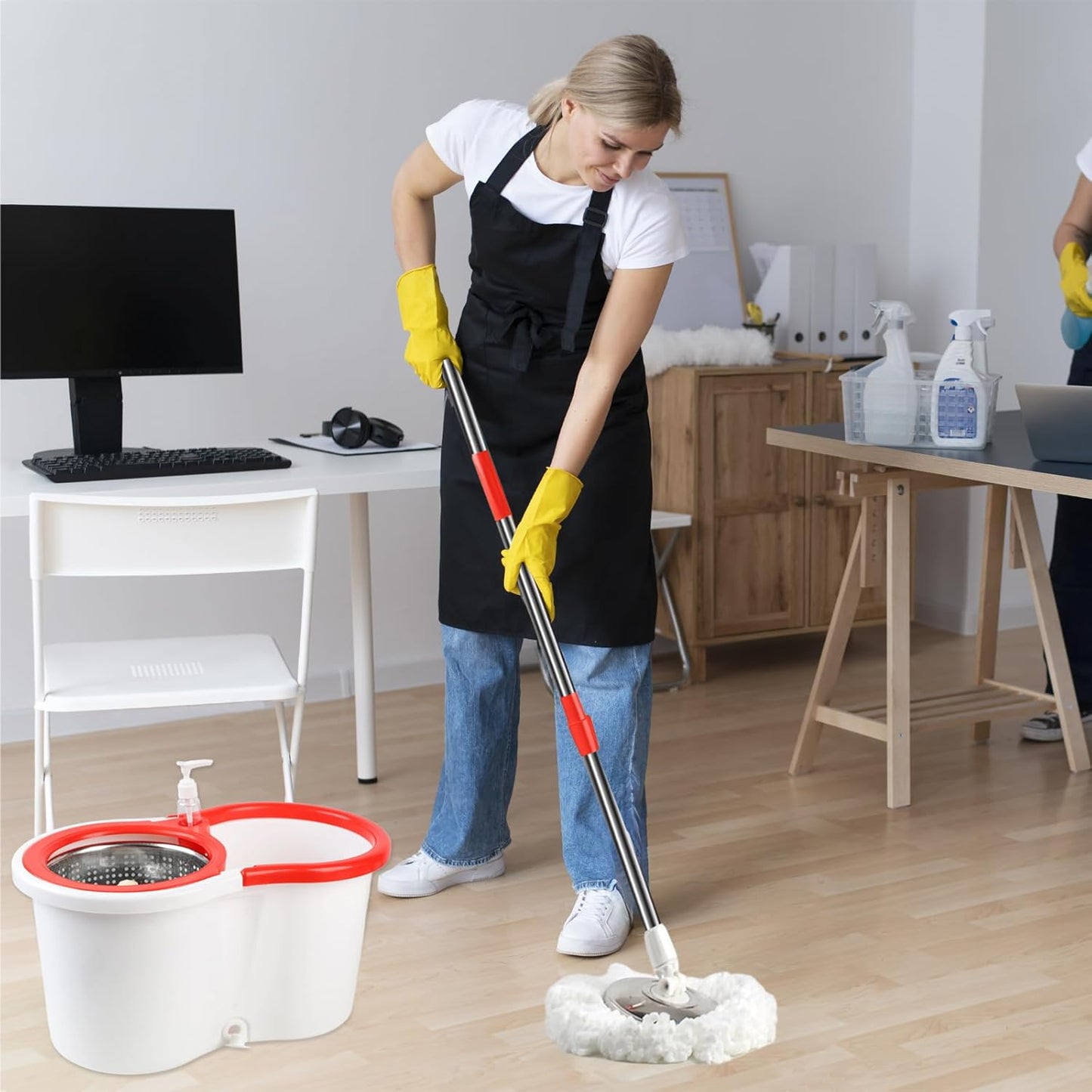 Spin Mop and Bucket with Wringer Set, 360° Spinning Mop Bucket System with 3 Microfiber Mop Replacement Heads and 50" Stainless Steel Adjustable Handle for Floor Cleaning