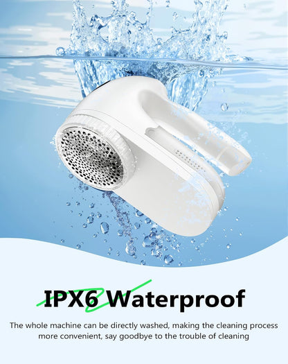 PKBD IPX6 Waterproof Washable Electric Fabric Shaver and Lint Remover, Rechargeable Sweater Defuzzer with 3 Free Extra Blades, Quickly and Effectively Remove Fluff, Fuzz, Bobbles for Clothes, White