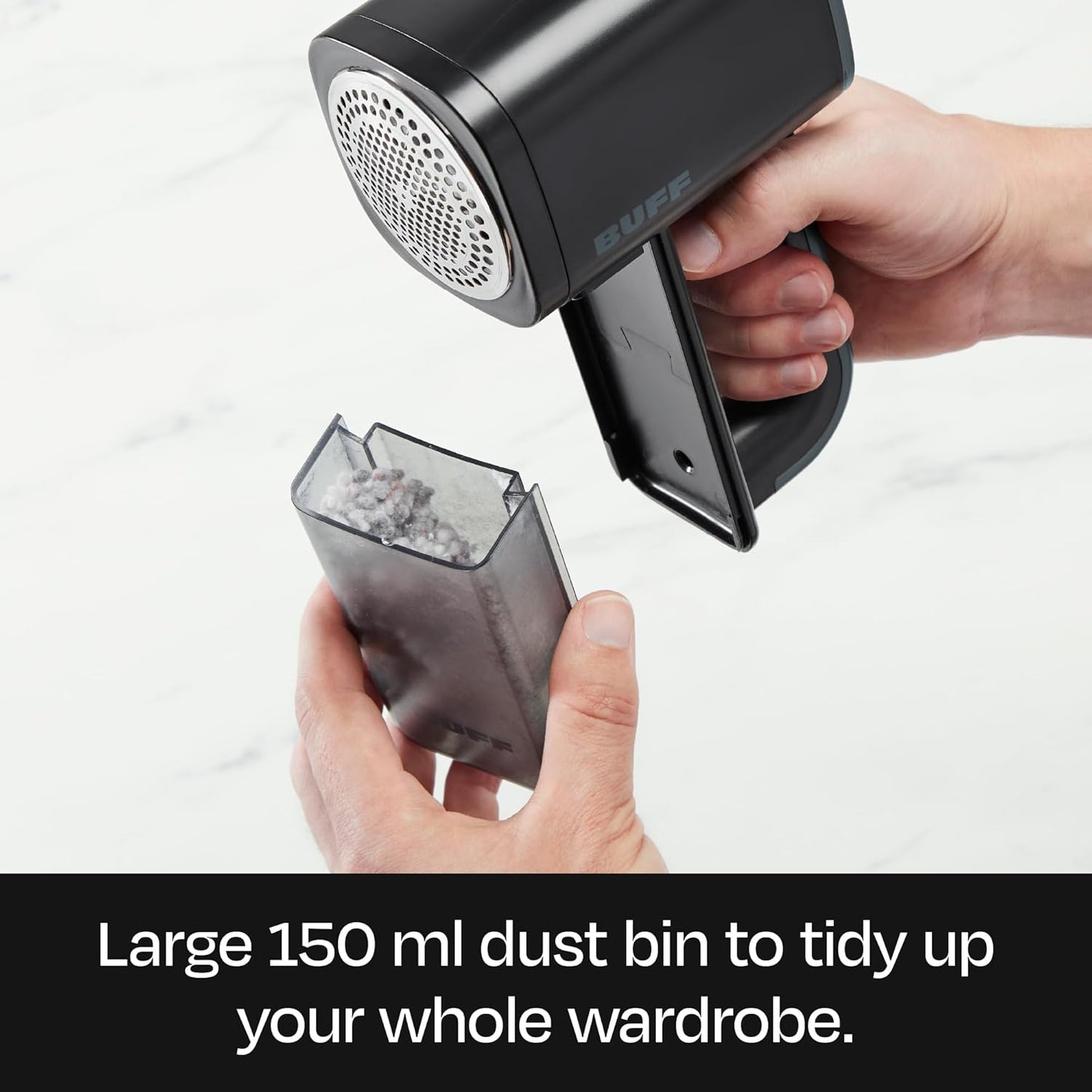 BUFF Fabric Shaver + Lint Remover, Sweater Defuzzer with 3 Motor Speeds, Remove Pills from Blankets, Couch, Clothing, Furniture, Stainless Steel Blade, USB-C Rechargeable – Black