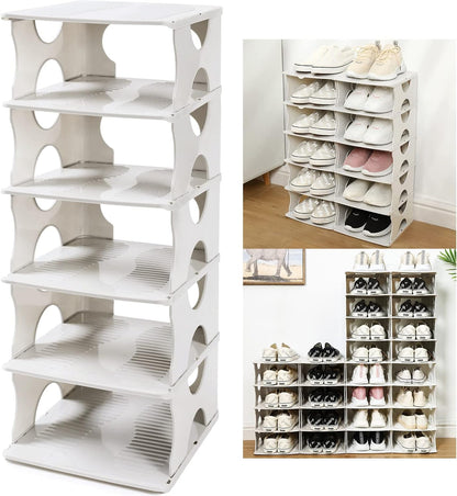 6-Tier Shoe Rack, Stackable Storage Organizer for Bedroom Entry, Adjustable Rack, Shoe Slots Shelf, Easy Tower Rack, Grey