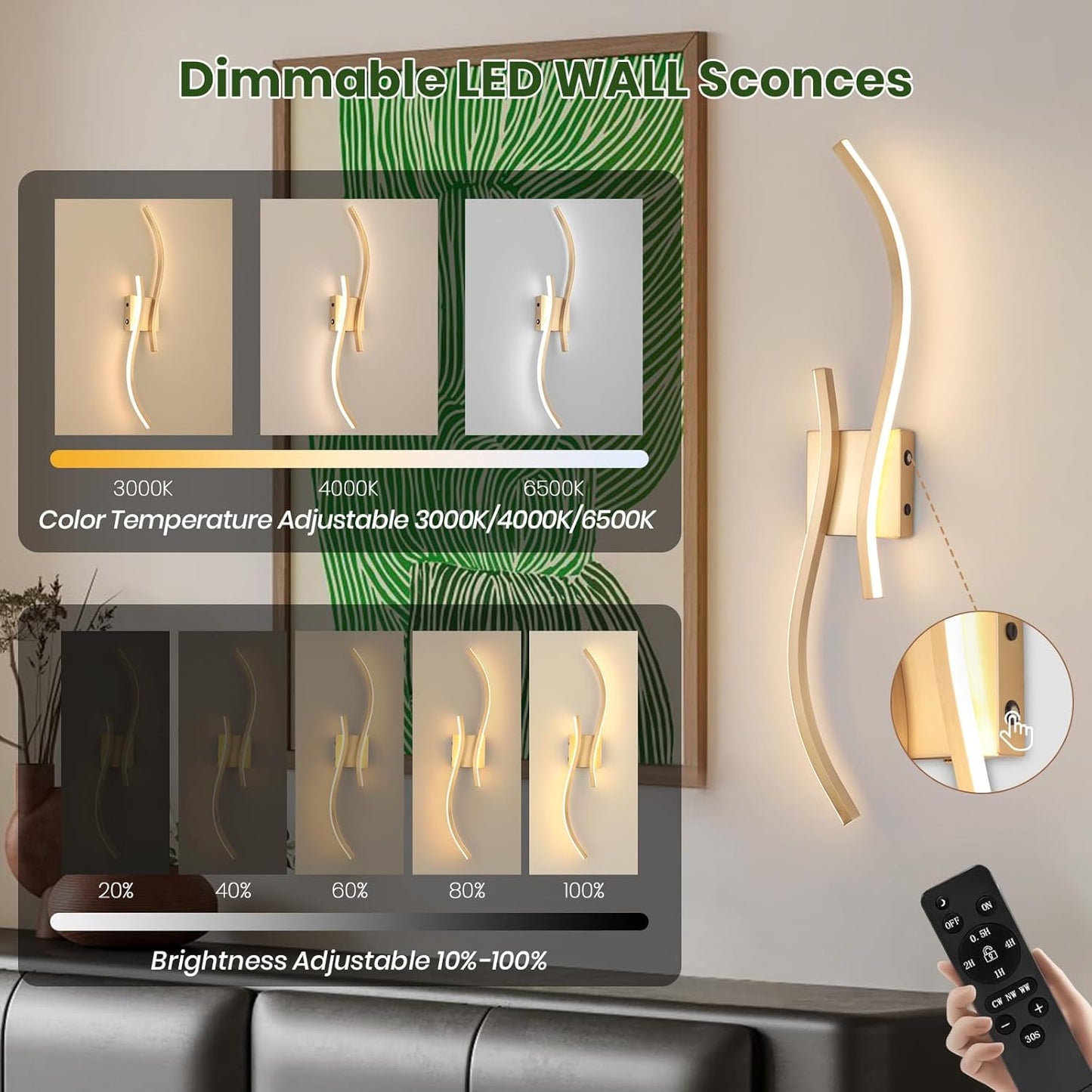 CANEOE Battery Operated Wall Sconce Set of 2, 18000mAh Gold Rechargeable Wall Lights with Remote Control,3000K-6000K Dimmable LED Wireless Wall Light for Living Room Bedroom Hallway,39.3 Inch (Gold)