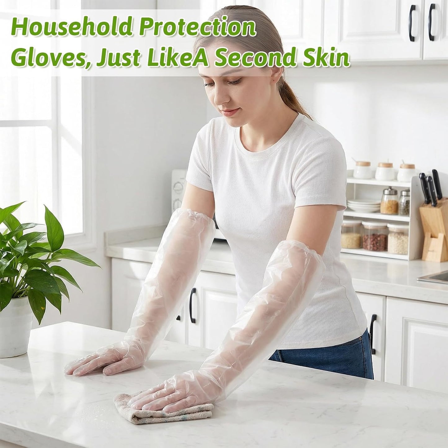 200 Pcs Long Sleeve Cleaning Gloves, Reusable & Waterproof Protective Rubber Gloves Elbow Length Long Plastic Glove for Household Duties, Kitchen, Dishwashing, Gardening - 22 Inch