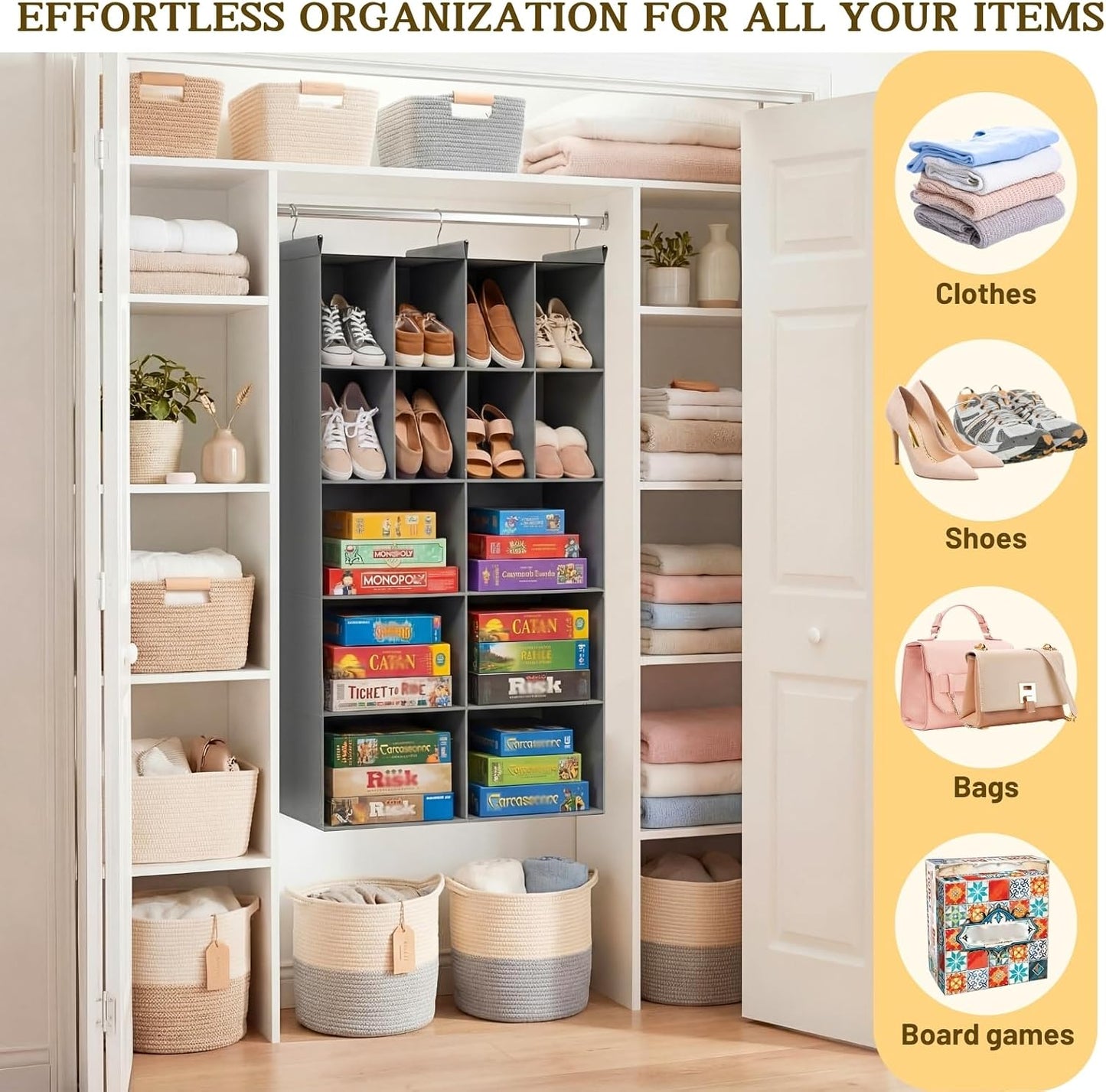Ofiray-home 6 Tier Hanging Closet Organizer, 16 Compartments Sweater Organizer for Closet with 3 Sturdy Hooks, Closet Organizers and Storage, Wardrobe, Rv, Garment Rack, Grey