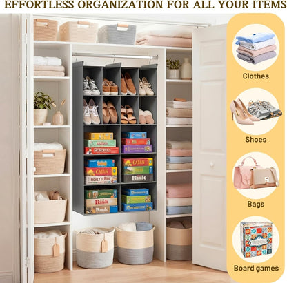 Ofiray-home 6 Tier Hanging Closet Organizer, 16 Compartments Sweater Organizer for Closet with 3 Sturdy Hooks, Closet Organizers and Storage, Wardrobe, Rv, Garment Rack, Grey