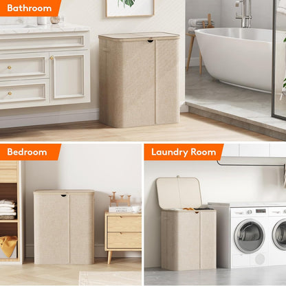 Lifewit 185L 3 Section Laundry Hamper with Lid, Large Laundry Basket with Handles and Removable Bags, Tall Clothes Hamper, Foldable Laundry Sorter for Bedroom Bathroom, Beige
