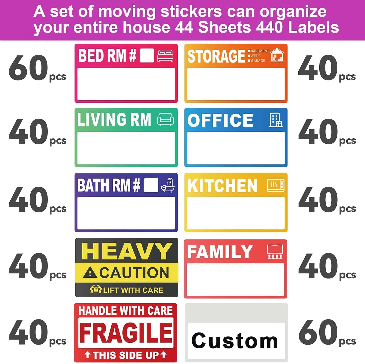 440 Count 3.5" x 2" Large Home Moving Packing Labels for 3-4 Bedroom House, 10 Color Coded Moving Stickers for Boxes with Large Writable Area, Fragile Moving Stickers +Heavy and Blank Labels